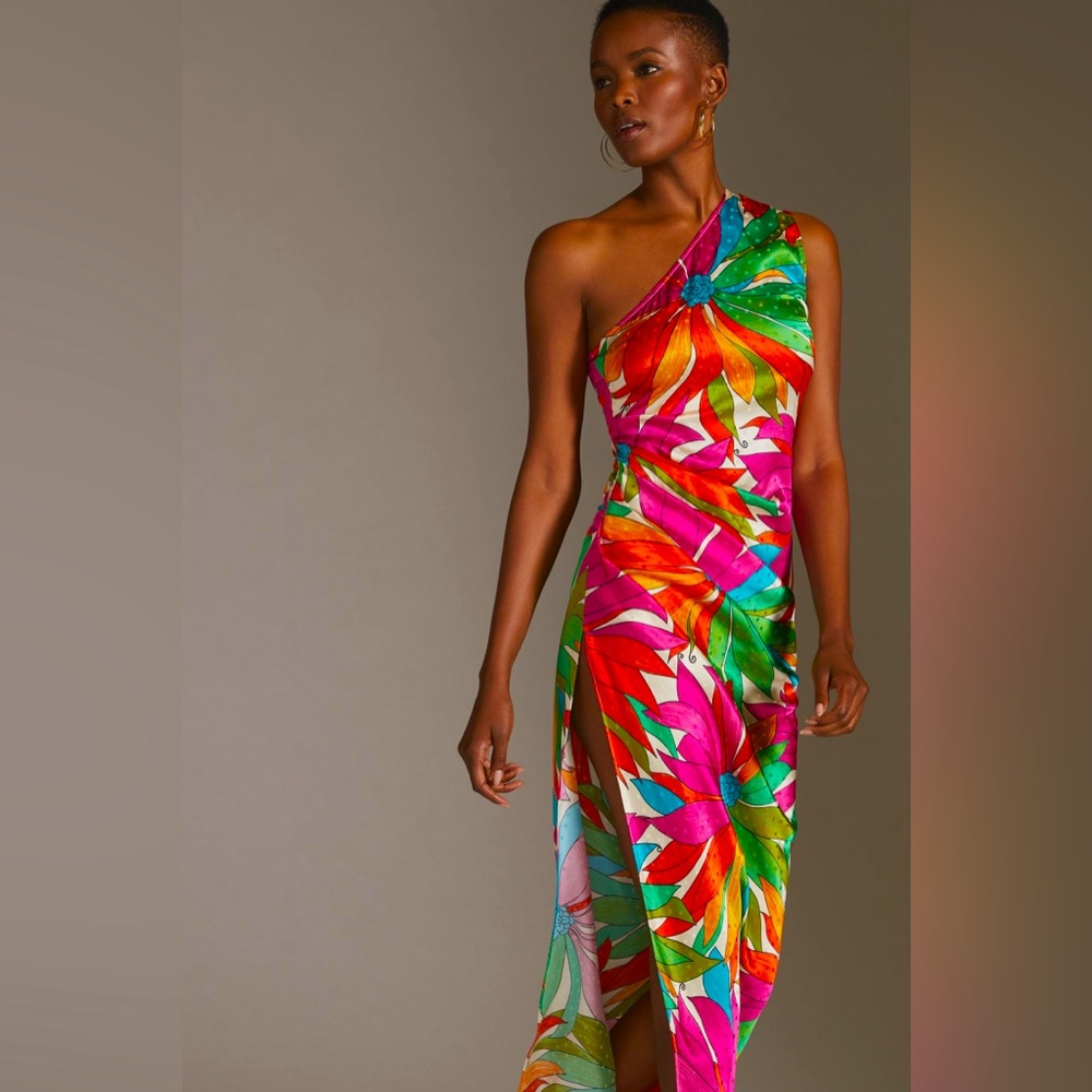 Ronny Kobo Gildo One Shoulder Satin Midi Dress Neon Colorful Pattern size Large